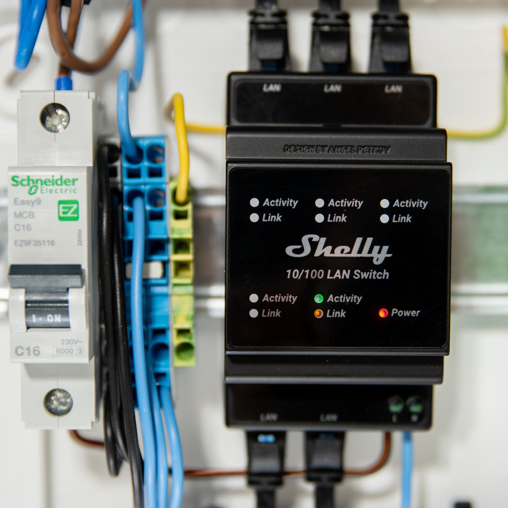 Montuojamas Eterneto jungiklis su 5 RJ45 prievadais Shelly DIN Rail LAN Switch