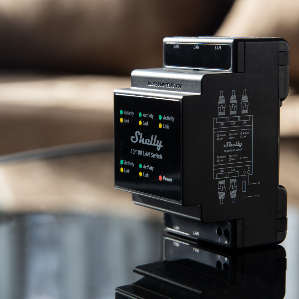 Montuojamas Eterneto jungiklis su 5 RJ45 prievadais Shelly DIN Rail LAN Switch